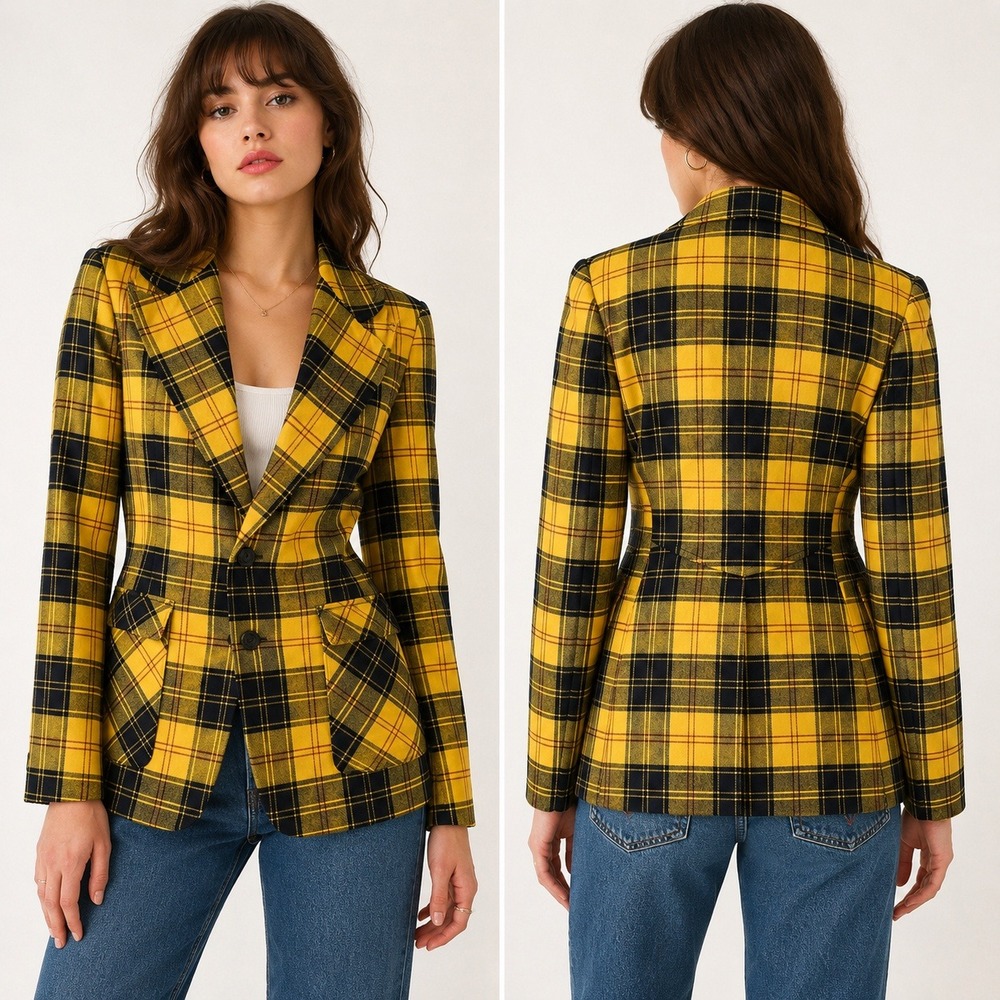70s‎ Vintage Bootlegger Blazer Womens 38 Yellow Black Plaid Tartan Wide Lapel